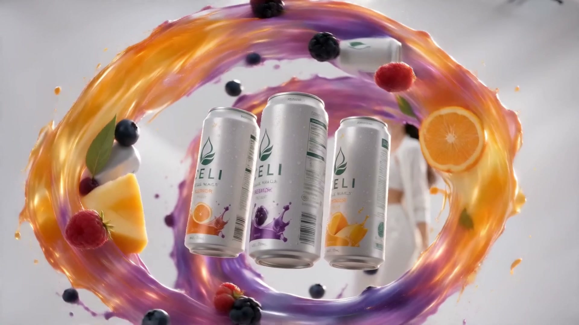 Beverage product video: a three-can flavour lineup floating inside an orbiting ring of juice splash, berries and citrus
