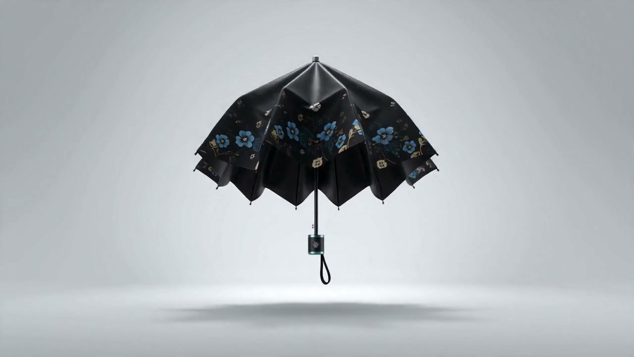 E-commerce product video: a floral folding umbrella floating weightless above its shadow on a clean studio background