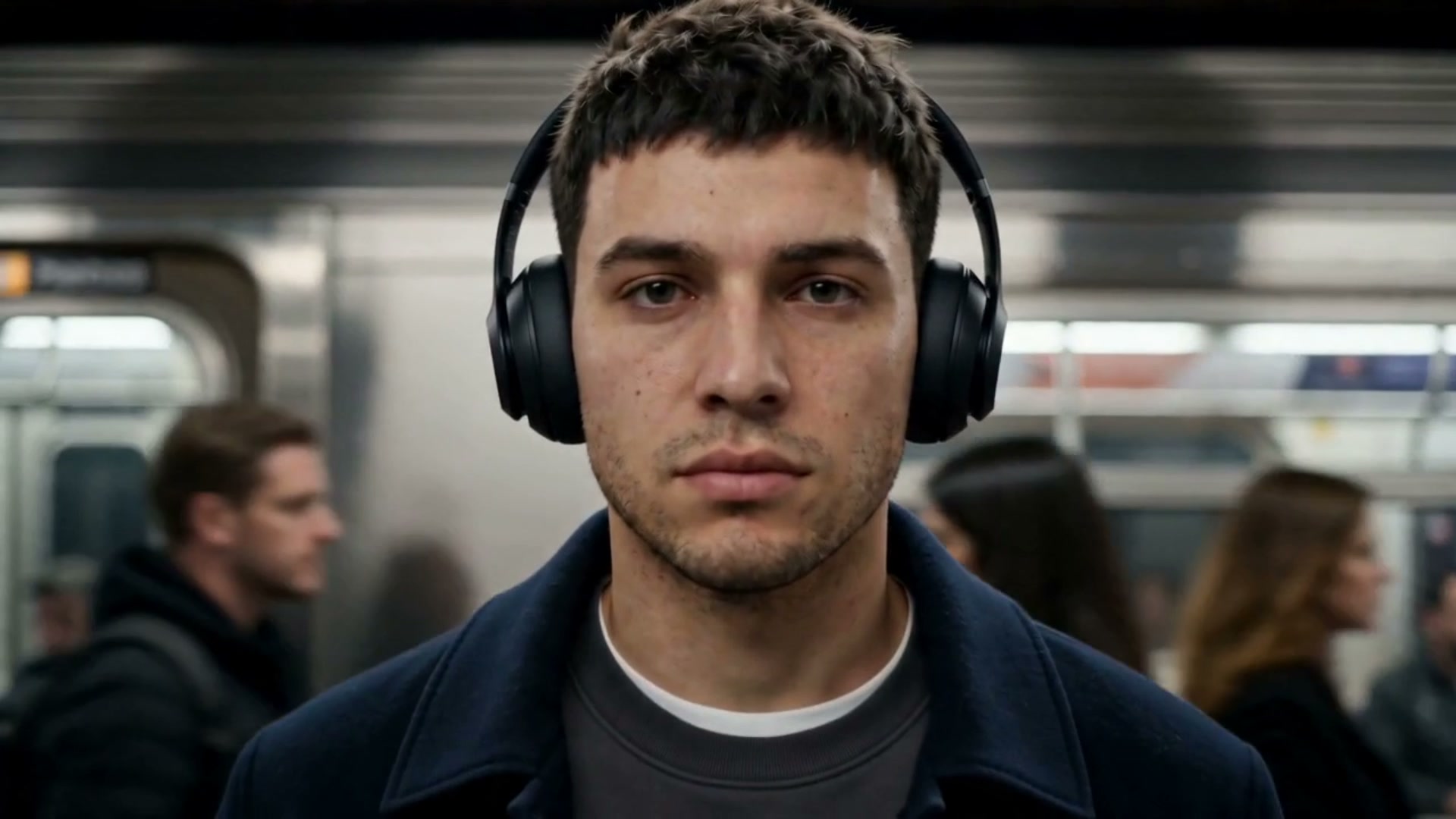 Noise-cancelling headphones ad: a commuter standing perfectly still in black over-ear headphones while a rush-hour subway platform blurs around him